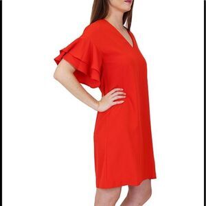 Zara Dress Red Tiered Ruffled Short Flounce Sleeves V Neck EUC  XS